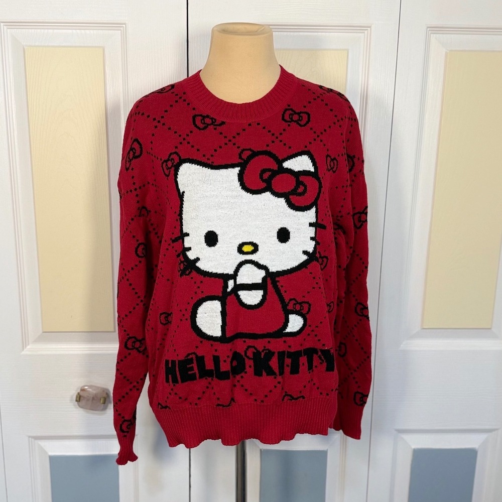 Hello Kitty Sanrio Red Graphic Knit Crewneck Sweater Diamond Bows Small
